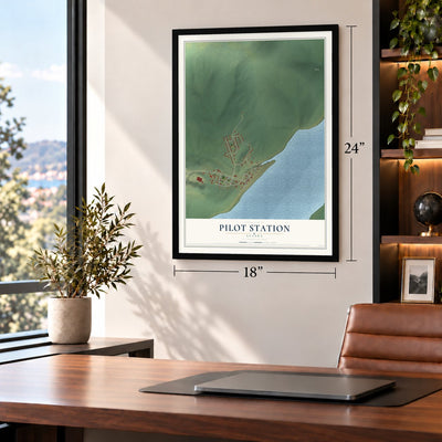 Pilot Station, Alaska map, 18 x 24 inch print in a black frame in a home office