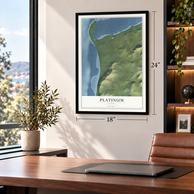 Platinum, Alaska map, 18 x 24 inch print in a black frame in a home office