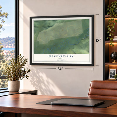 Pleasant Valley, Alaska map, 18 x 24 inch print in a black frame in a home office