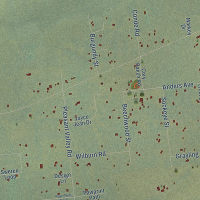 Close-up of the map of Pleasant Valley, Alaska print showing street and building detail