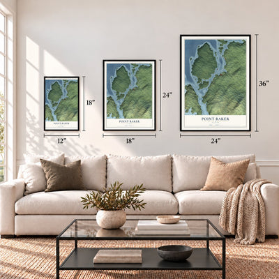 Point Baker, Alaska map in 12 x 18, 18 x 24 and 24 x 36 inch sizes above a sofa