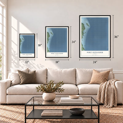 Port Alexander, Alaska map in 12 x 18, 18 x 24 and 24 x 36 inch sizes above a sofa