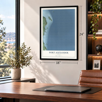 Port Alexander, Alaska map, 18 x 24 inch print in a black frame in a home office
