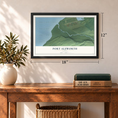 Port Alsworth, Alaska map, 12 x 18 inch print in a black frame in an entryway