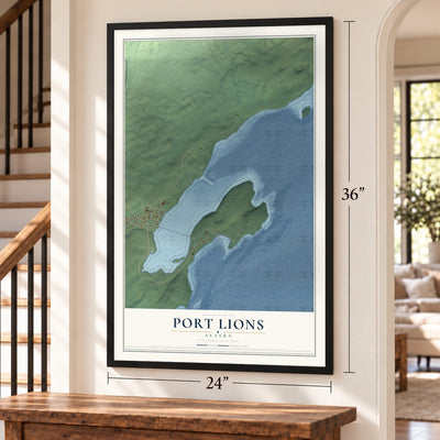 Port Lions, Alaska map, 24 x 36 inch print in a black frame by a staircase