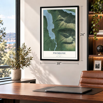Primrose, Alaska map, 18 x 24 inch print in a black frame in a home office
