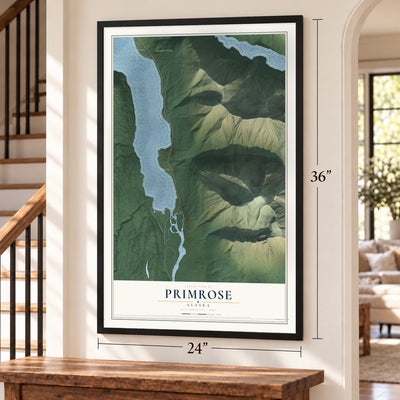 Primrose, Alaska map, 24 x 36 inch print in a black frame by a staircase