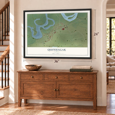 Quinhagak, Alaska map, 24 x 36 inch print in a black frame above a dresser by a staircase