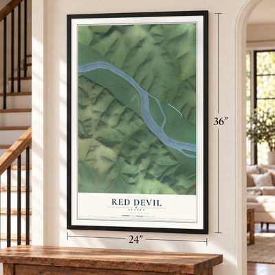 Red Devil, Alaska map, 24 x 36 inch print in a black frame by a staircase