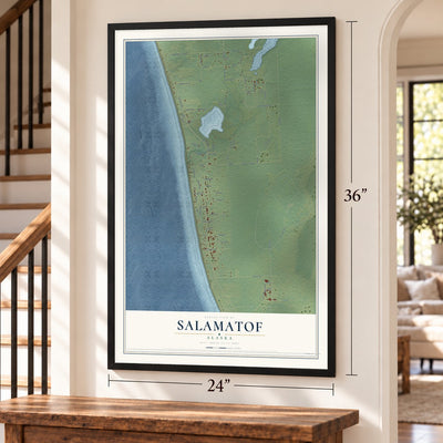 Salamatof, Alaska map, 24 x 36 inch print in a black frame by a staircase