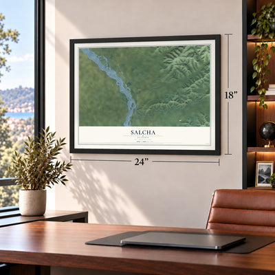 Salcha, Alaska map, 18 x 24 inch print in a black frame in a home office
