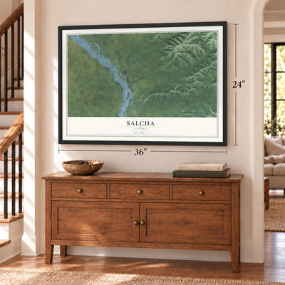 Salcha, Alaska map, 24 x 36 inch print in a black frame above a dresser by a staircase