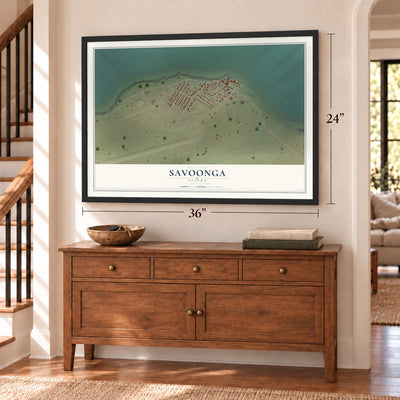 Savoonga, Alaska map, 24 x 36 inch print in a black frame above a dresser by a staircase