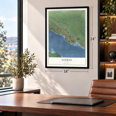 Saxman, Alaska map, 18 x 24 inch print in a black frame in a home office