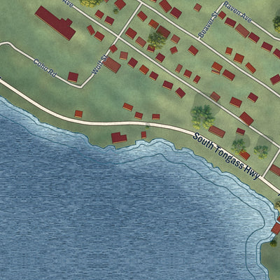 Close-up of the map of Saxman, Alaska print showing street and building detail