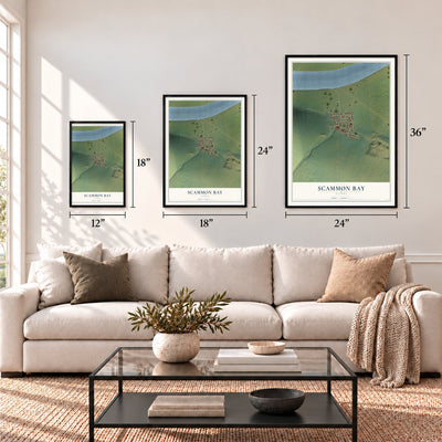Scammon Bay, Alaska map in 12 x 18, 18 x 24 and 24 x 36 inch sizes above a sofa