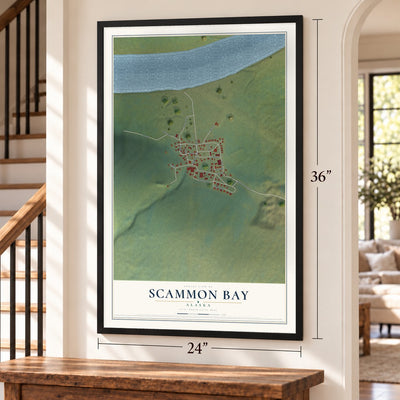 Scammon Bay, Alaska map, 24 x 36 inch print in a black frame by a staircase