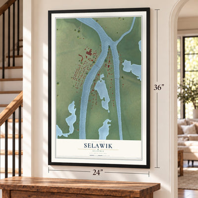 Selawik, Alaska map, 24 x 36 inch print in a black frame by a staircase