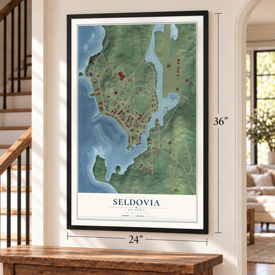 Seldovia, Alaska map, 24 x 36 inch print in a black frame by a staircase