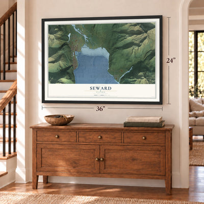 Seward, Alaska map, 24 x 36 inch print in a black frame above a dresser by a staircase