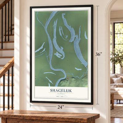 Shageluk, Alaska map, 24 x 36 inch print in a black frame by a staircase