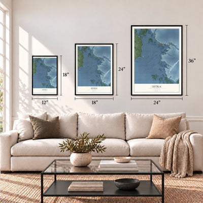 Sitka, Alaska map in 12 x 18, 18 x 24 and 24 x 36 inch sizes above a sofa