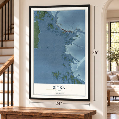 Sitka, Alaska map, 24 x 36 inch print in a black frame by a staircase