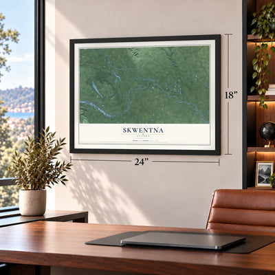 Skwentna, Alaska map, 18 x 24 inch print in a black frame in a home office