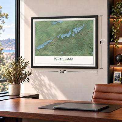 South Lakes, Alaska map, 18 x 24 inch print in a black frame in a home office