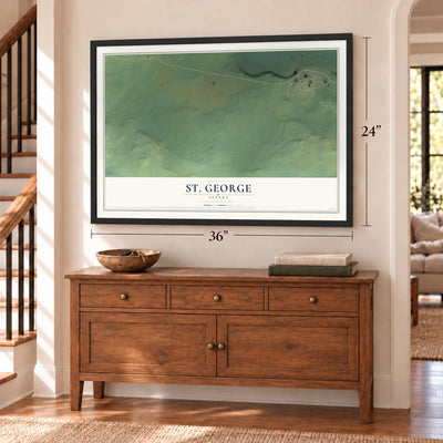 St. George, Alaska map, 24 x 36 inch print in a black frame above a dresser by a staircase