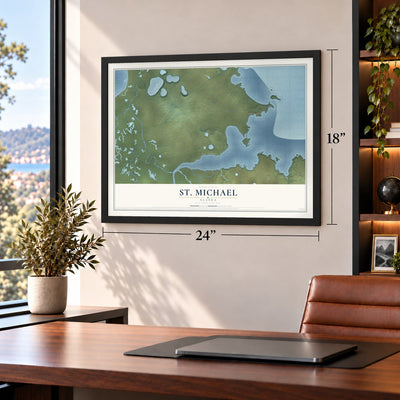 St. Michael, Alaska map, 18 x 24 inch print in a black frame in a home office