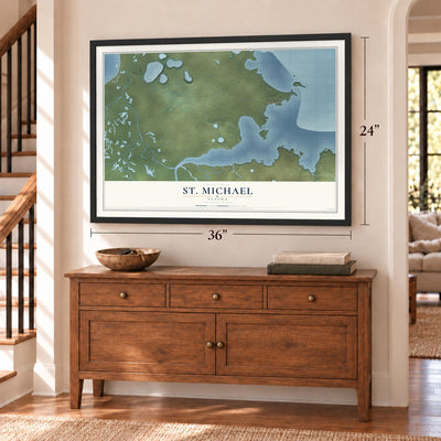 St. Michael, Alaska map, 24 x 36 inch print in a black frame above a dresser by a staircase