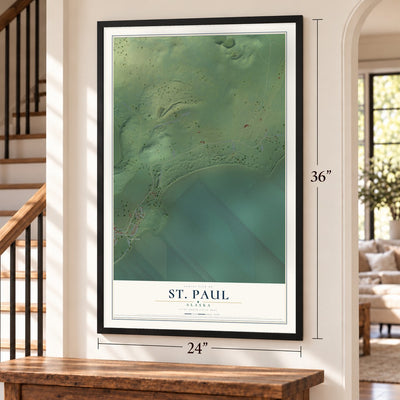 St. Paul, Alaska map, 24 x 36 inch print in a black frame by a staircase