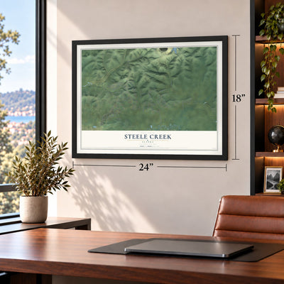 Steele Creek, Alaska map, 18 x 24 inch print in a black frame in a home office