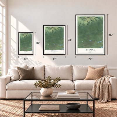 Tanaina, Alaska map in 12 x 18, 18 x 24 and 24 x 36 inch sizes above a sofa