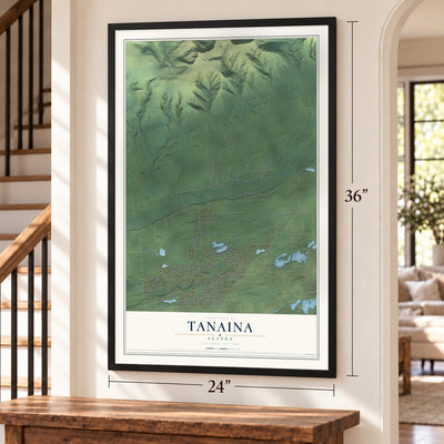 Tanaina, Alaska map, 24 x 36 inch print in a black frame by a staircase