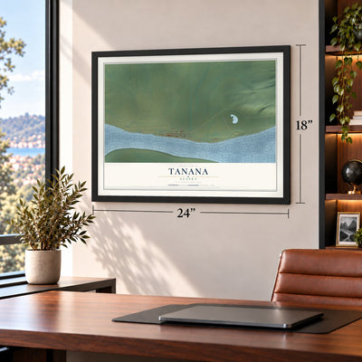 Tanana, Alaska map, 18 x 24 inch print in a black frame in a home office
