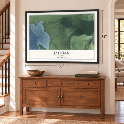 Tatitlek, Alaska map, 24 x 36 inch print in a black frame above a dresser by a staircase