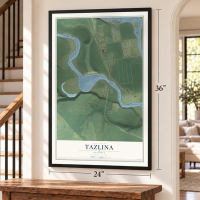 Tazlina, Alaska map, 24 x 36 inch print in a black frame by a staircase