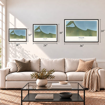 Teller, Alaska map in 12 x 18, 18 x 24 and 24 x 36 inch sizes above a sofa
