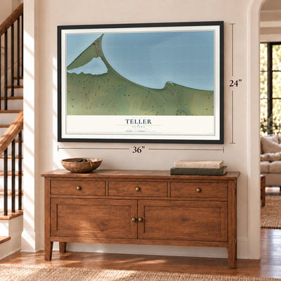 Teller, Alaska map, 24 x 36 inch print in a black frame above a dresser by a staircase