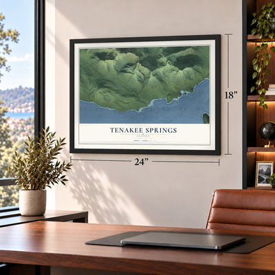 Tenakee Springs, Alaska map, 18 x 24 inch print in a black frame in a home office