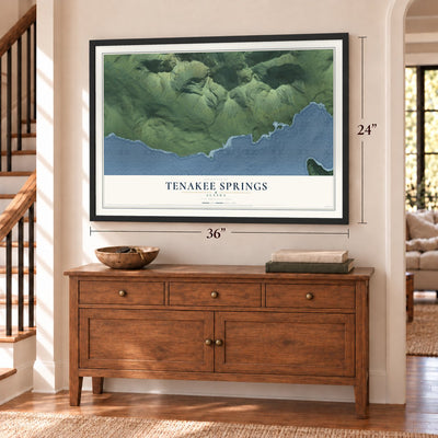 Tenakee Springs, Alaska map, 24 x 36 inch print in a black frame above a dresser by a staircase