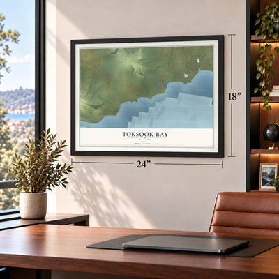 Toksook Bay, Alaska map, 18 x 24 inch print in a black frame in a home office