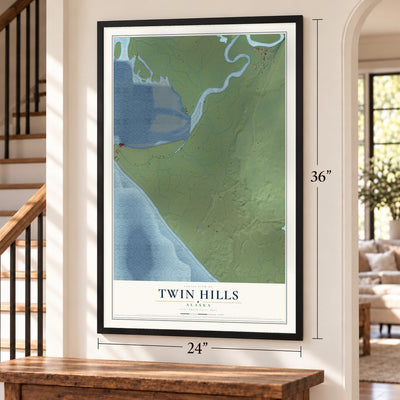 Twin Hills, Alaska map, 24 x 36 inch print in a black frame by a staircase