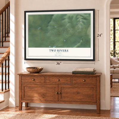 Two Rivers, Alaska map, 24 x 36 inch print in a black frame above a dresser by a staircase