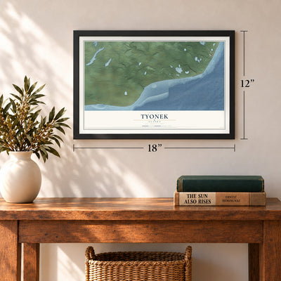 Tyonek, Alaska map, 12 x 18 inch print in a black frame in an entryway