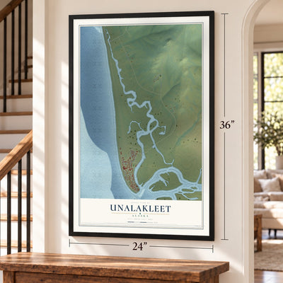 Unalakleet, Alaska map, 24 x 36 inch print in a black frame by a staircase