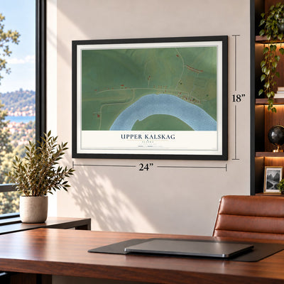 Upper Kalskag, Alaska map, 18 x 24 inch print in a black frame in a home office