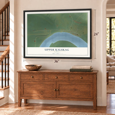 Upper Kalskag, Alaska map, 24 x 36 inch print in a black frame above a dresser by a staircase